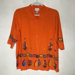 Linea by Louis Dell 'Olio Size 1X Orange Linen Rayon Embroidered Shirt Blouse